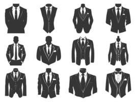 Business suits with tie silhouette set, suits tie silhouette, Flat Suit and Tie Icon, Tuxedo Silhouette, Stylish professional tuxedo. vector