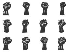 Fist silhouette set, sign of power, strength, isolated on white, raised and closed fist icons, strength, power and solidarity, Raised fist, sign of power, isolated on white vector