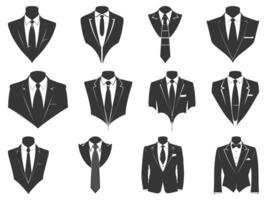 negocio trajes con Corbata silueta colocar, trajes Corbata silueta, plano traje y Corbata icono, smoking silueta, elegante profesional smoking. vector