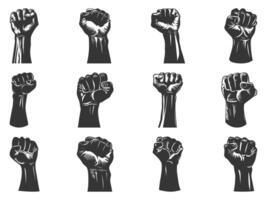 Fist silhouette set, sign of power, strength, isolated on white, raised and closed fist icons, strength, power and solidarity, Raised fist, sign of power, isolated on white vector