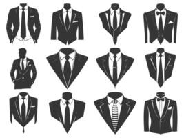 negocio trajes con Corbata silueta colocar, trajes Corbata silueta, plano traje y Corbata icono, smoking silueta, elegante profesional smoking. vector