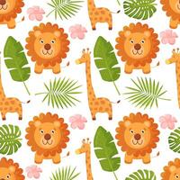 Cute jungle animals with palm leaf seamless pattern background. Pattern with giraffe and lion. vector