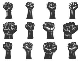 Fist silhouette set, sign of power, strength, isolated on white, raised and closed fist icons, strength, power and solidarity, Raised fist, sign of power, isolated on white vector