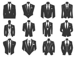 Business suits with tie silhouette set, suits tie silhouette, Flat Suit and Tie Icon, Tuxedo Silhouette, Stylish professional tuxedo. vector