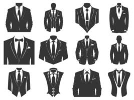 Business suits with tie silhouette set, suits tie silhouette, Flat Suit and Tie Icon, Tuxedo Silhouette, Stylish professional tuxedo. vector