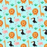 Tropical seamless pattern toucan, flamingos, lion, giraffe and exotic leaves. vector