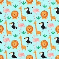 Tropical seamless pattern toucan, flamingos, lion, giraffe and exotic leaves. vector
