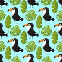background with tropical leaves and toucans. seamless pattern for stylish fabric design. vector
