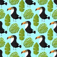 background with tropical leaves and toucans. seamless pattern for stylish fabric design. vector