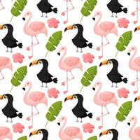Tropical seamless pattern with toucan, flamingos and exotic leaves. vector
