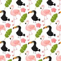 Tropical seamless pattern with toucan, flamingos and exotic leaves. vector