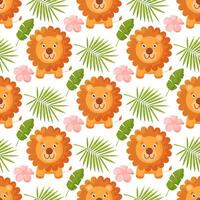 Cute jungle baby endless background. seamless pattern with lions and tropical plants in bright colors. vector