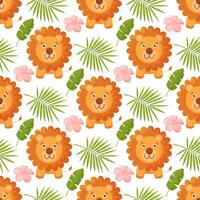 Cute jungle baby endless background. seamless pattern with lions and tropical plants in bright colors. vector