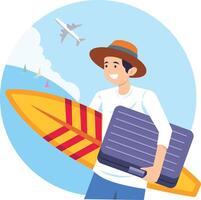 Vecation of employee man go to the beach for surf flat illutration web graphic design blue color background vector