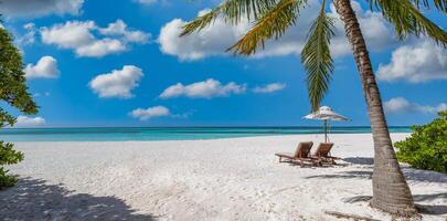 Exotic beach scene, fantastic landscape and blue sky. Parasol, lounge chairs with tropical beach scene, palm trees and a romantic getaway couples. Beach honeymoon concept, banner photo