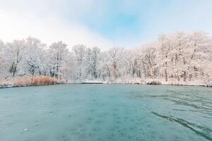 Winter forest lake with wooden bridge at sunset. Panoramic landscape and snowy trees, sunlight beautiful frozen river with frozen water. Seasonal winter trees, lake and blue sky. Frosty snowy river photo