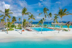 Aerial photo of beautiful Maldives paradise tropical beach. Amazing view, blue turquoise lagoon water, palm trees and white sandy beach. Luxury travel vacation destination. Sunny aerial landscape