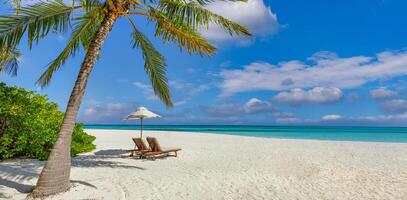 Exotic beach scene, fantastic landscape and blue sky. Parasol, lounge chairs with tropical beach scene, palm trees and a romantic getaway couples. Beach honeymoon concept, banner photo