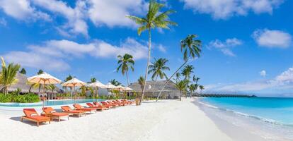 Luxury infinity pool with loungers and palm trees over white sand. Perfect summer beach landscape, romantic canopy and peaceful sea view. Tropical vacation destination and summer tourism holiday scene photo