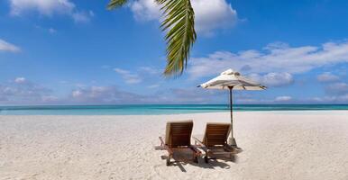 Beautiful beach. Chairs umbrella sandy beach near sea. Summer tourism and vacation concept for tourism. Inspirational tropical landscape. Tranquil couple relaxing beach, tropical destination photo