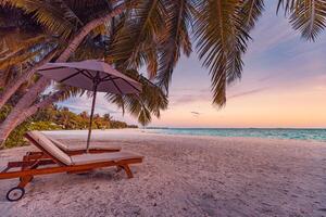 Amazing beach. Chairs on the sandy beach sea. Luxury summer holiday and vacation resort hotel for tourism. Inspirational tropical landscape. Tranquil scenery, relax beach, beautiful landscape design photo