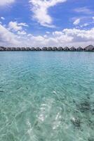 aéreo paisaje de Maldivas isla, lujo agua villas recurso y de madera muelle. hermosa cielo mar bahía costa playa aves ojo antecedentes. verano vacaciones fiesta y viajar. paraíso aéreo fondo de pantalla foto