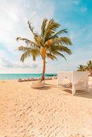 White beach canopy closeup at sunset. Luxury beach tents exotic resort. Summer beach concept, relaxation and tranquility design. Serenity view, carefree, wellbeing wellness spa seaside travel vacation photo