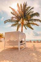 White beach canopy closeup at sunset. Luxury beach tents exotic resort. Summer beach concept, relaxation and tranquility design. Serenity view, carefree, wellbeing wellness spa seaside travel vacation photo