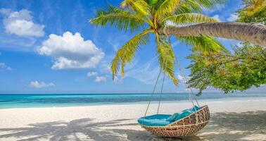 Tropical beach panorama as summer relax landscape with beach swing or hammock hang on palm tree over white sand sea beach banner. Amazing beach vacation summer holiday concept. Luxury romantic travel photo