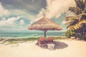 Sea view from tropical beach with sunny sky. Exotic summer beach with clouds on horizon. Summer vacation and holiday concept for outdoor travel photo