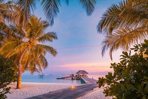 isla turística de maldivas al atardecer con embarcadero de madera, increíble cielo colorido. perfecto paisaje de playa al atardecer. detalle de hojas de palma en primer plano. vacaciones y relajación en la playa, fondo de vacaciones de verano foto