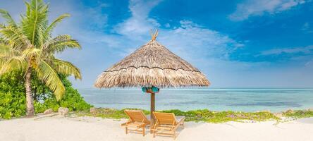 Sea view from tropical beach with sunny sky. Exotic summer beach with clouds on horizon. Summer vacation and holiday concept for outdoor travel photo