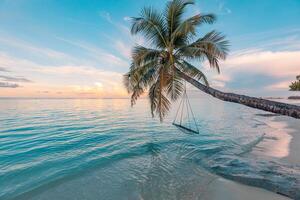 Relax vacation leisure lifestyle on exotic tropical island beach, palm tree hammock hanging calm sea. Paradise beach landscape, water villas, sunrise sky clouds amazing reflections. Beautiful nature photo