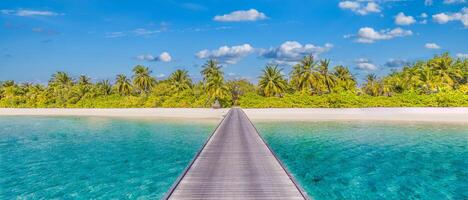 Beautiful tropical Maldives island scene blue sea, blue sky holiday vacation vertical background. Wooden pathway, pier. Amazing summer travel concept. Ocean bay palm trees sandy beach. Exotic nature photo