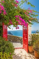 fantástico verano vacaciones paisaje. santorini blanco arquitectura con rojo portón y rosado flores tranquilo viaje fondo, lujo turismo escenario, Roca escalera debajo azul cielo. foto