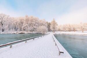 invierno bosque lago con de madera puente a puesta de sol. panorámico paisaje y Nevado árboles, luz de sol hermosa congelado río con congelado agua. estacional invierno árboles, lago y azul cielo. escarchado Nevado río foto