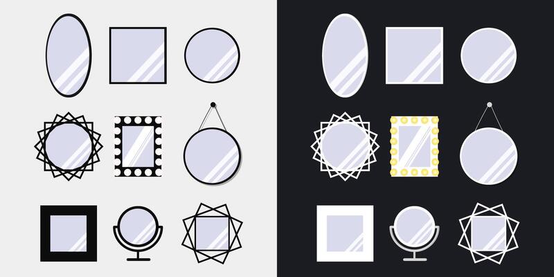 realistic mirrors set with blurry reflection. Mirror frames or mirror decor interior