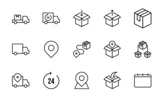 Parcel delivery icon set. Containing package, delivery boxes, cargo, box, cargo distribution, shipment of goods, open package. Thin icon collection. vector