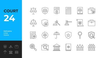 Court Icons set. Containing lawyer, judge, justice, and more. Thin icon collection vector