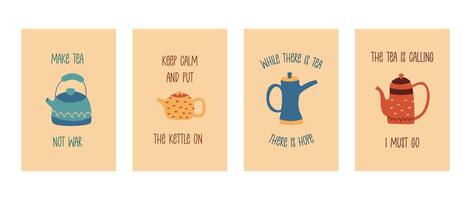 Set of cards with cute teapots with tea. Colorful vector