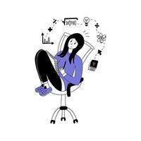 Girl student sits in a chair and studies. vector