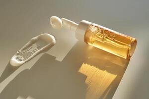 Beige facial foam with a dispenser and brush in the rays of the setting sun. photo