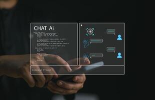 Chat with AI, Artificial Intelligence. Man using technology smart robot AI, artificial intelligence by enter command prompt for generates something, Futuristic technology transformation. photo