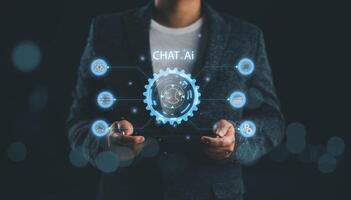 Chat with AI, Artificial Intelligence. Man using technology smart robot AI, artificial intelligence by enter command prompt for generates something, Futuristic technology transformation. photo