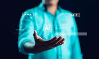 AI, artificial intelligence technology concept. Human or businessman using command prompt for generates something, Futuristic technology transformation. Robot chat for business, management by AI. photo