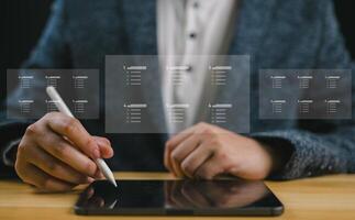 Business growth, progress or success concept. Technology investment concept, Planning and strategy, Stock market. Businessman or trader showing a growing virtual hologram stock, invest in trading. photo