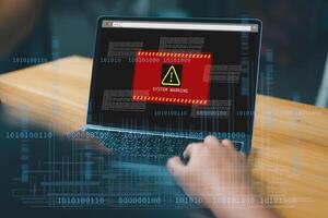 System warning alert, cyberattack on computer network. Cybersecurity vulnerability, data breach, illegal connection, compromised information concept. Malicious software, virus and cybercrime. photo