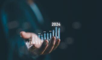 Business growth, progress or success concept. Technology investment concept, Planning and strategy, Stock market. Businessman or trader showing a growing virtual hologram stock, invest in trading. photo