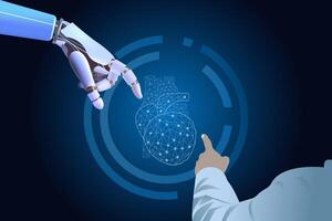 Robot hand and doctor artificial intelligence AI assistance in medical practice. Innovative technologies in science, medical healthcare vector