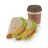 ilustración de tacos con café taza vector